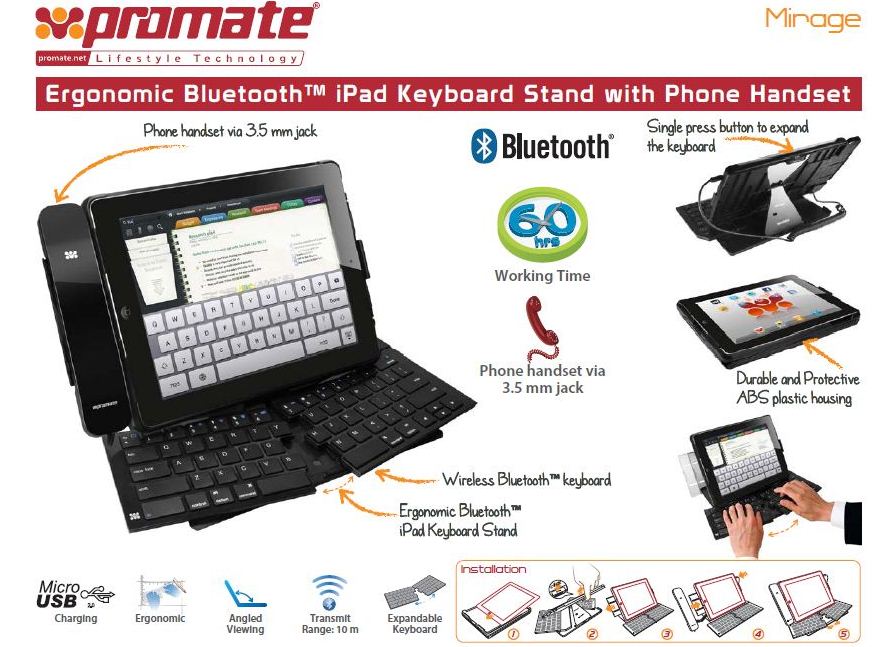 Promate Mirage iPad Ergonomic Bluetooth™ Keyboard Stand